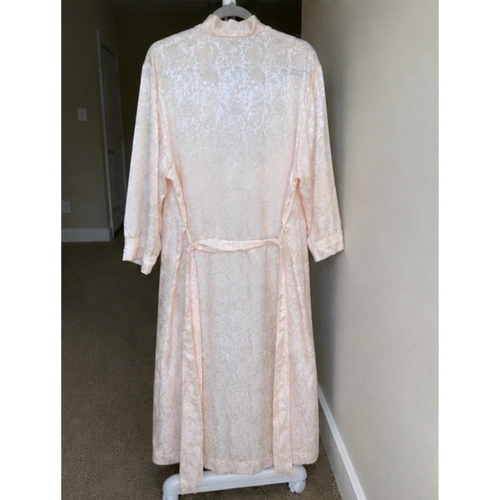 Vintage Christian Dior Pink Floral Satin Jacquard Robe Lace Shawl Collar Tie S - Picture 3 of 8